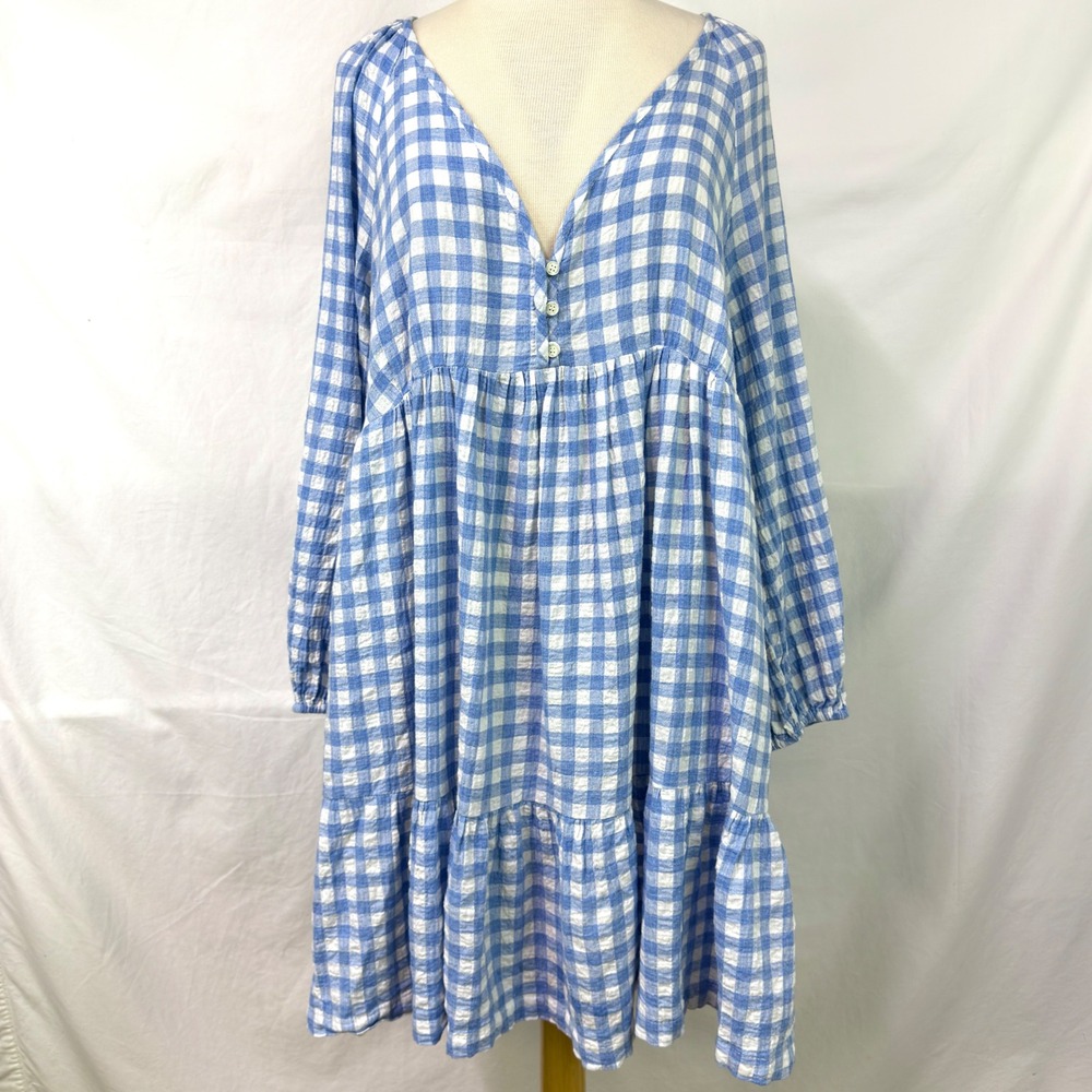 HATCH Maternity Kelsey Dress Blue Gingham Tiered Babydoll 100% Cotton Size 3/L
